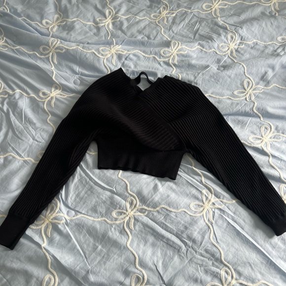 Windsor Tops - Windsor Black Ribbed Wrap-Crop Sweater